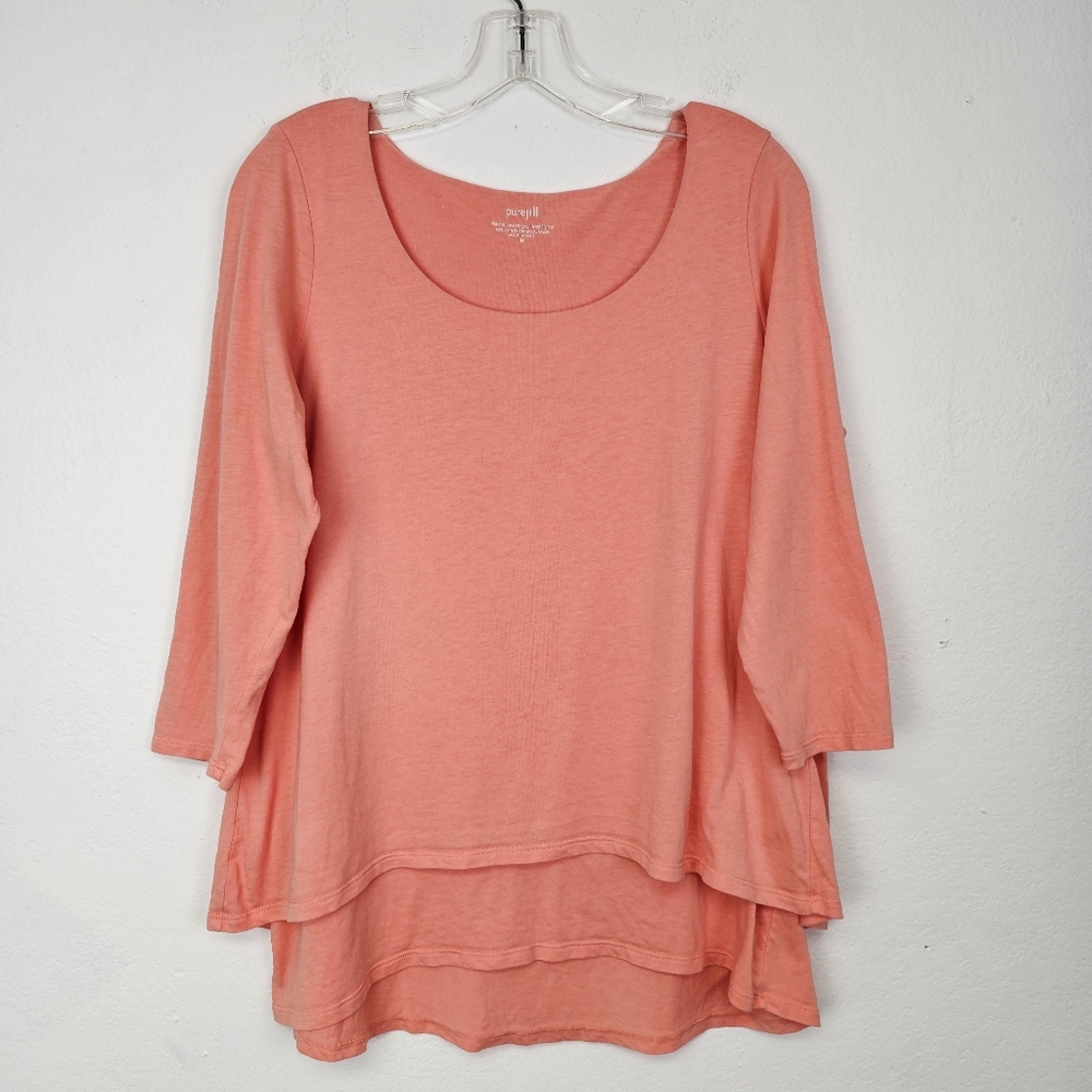 Pure Jill Elliptical Layered Top Tunic Peach Knit Hi Low Hem Sz M Coquette Casua